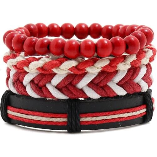 4PCS/Set Red Bracelet Bangle Set For Woman Wood Bead Black Rope Leather Adjustable Wristband Jewelry Gift Wholesale