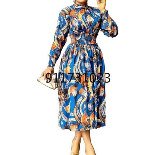 African Dresses for Women 2021 Summer African Printing Polyester Long Sleeve Dress African Clothes
