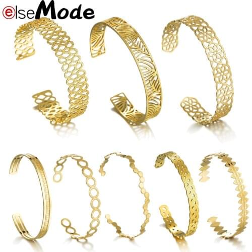 ELSEMODE Vintage Hollow Leaf Open Cuff Bracelets 14 K Stainless Steel Geometric Women Statement Bangle For Wedding Gifts