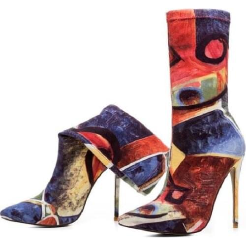 Graffiti Stretch Thigh Boots Pointed Toe Color Print Leather Boots Women Patchwork Mid-calf Autumn Winter Boots For Women