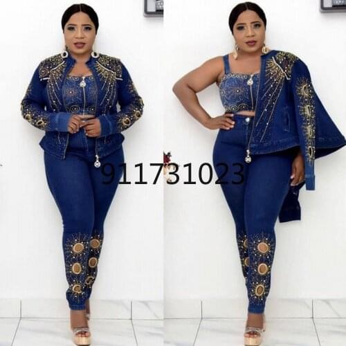 3 Piece Set Africa Clothes African New Dashiki Fashion Flowers Suit Top Trousers Super Elastic Party For Women Outfits