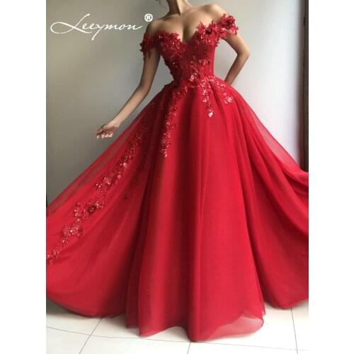 Leeymon off Shoulder Sweetheart Tulle Evening Dress Appliques Sequin Flowers Pearls Prom Party Gown robe de soiree