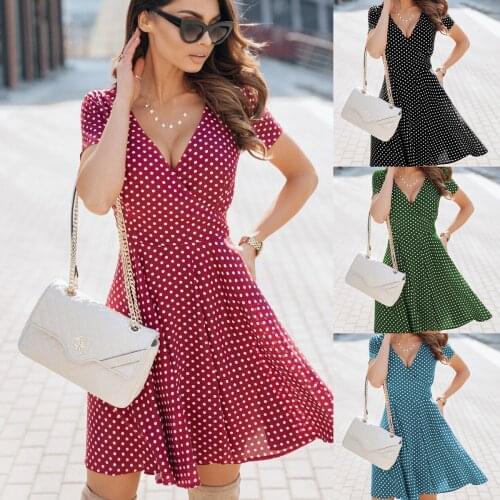 Summer Dress Womens Clothing 2021 Polka Dot Print A-Line Dresses V-Neck Short Sleeve Slim Dress For Women Vestidos Femme Robes