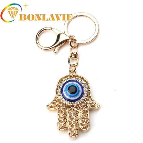 Heat Sell Fashion Desgin Gold Color Alloy Hamsa Palm Blue Eye Key Chain Eye Key Buckle For Women Men Jewelry