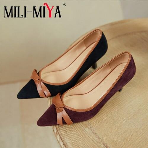 MILI-MIYA Fashion Butterfly Knot Women Kid Suede Pumps Pointed Toe Thin Heels Slip On Plus Size 34-43 Dress Party Shoes For Lady