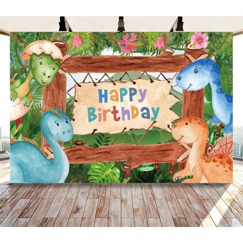Cute Baby Dinosaur Party Photography Backdrops Tropical Forest Leaves Flowers Jungle Kids Birthday Photo Background Poster