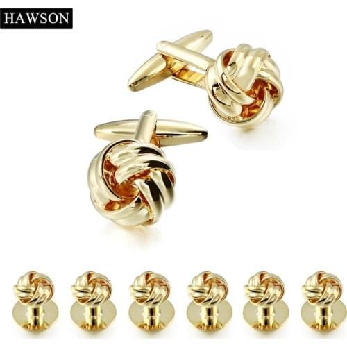 8 pcs Set Gold Color Knot Cufflinks Tuxedo Studs Set For Mens Wedding Shirt Stylish Metal Cuff links Button