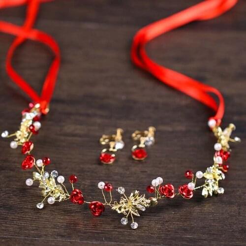 New Fashion Red Color Flower Crystal Pearls Headbands Ribbon Earring Headpieces Women Bride Noiva Wedding Party Jewelry Sets