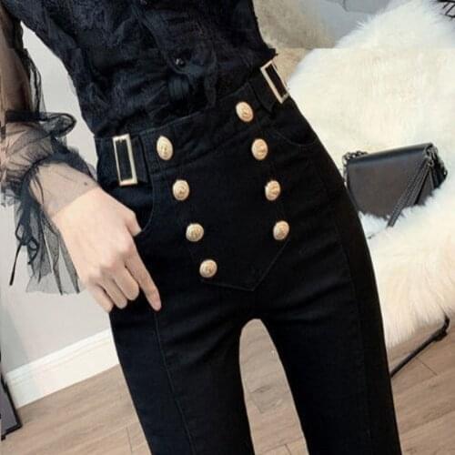 2021 Autumn Spring New Black Leggings Buttons Stretch Feet Pants Womens Metal Buttons Casual High Waist Was Thin Pencil Pants
