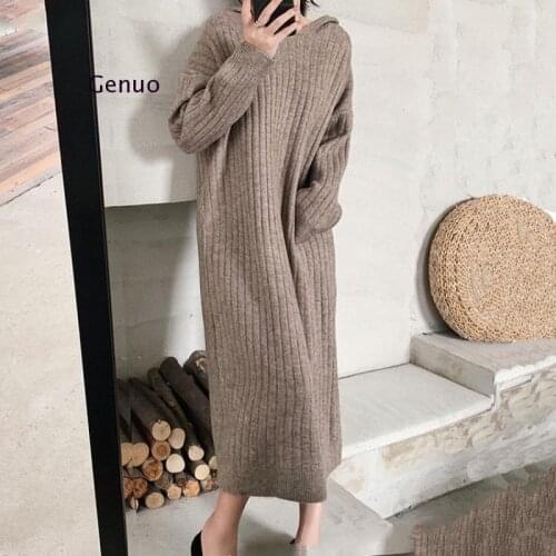 Autumn and Winter Dress New Womens Lazy Style Hooded Loose Knit Dress Stretch Was Thinner Long Sweater Thicken Stripe Dresses
