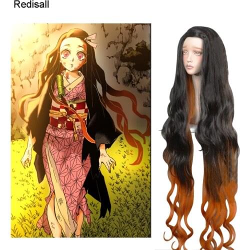 Kamado Nezuko Cosplay Wig Halloween Anime 120cm Long Curly Hair Mixed Black Brown