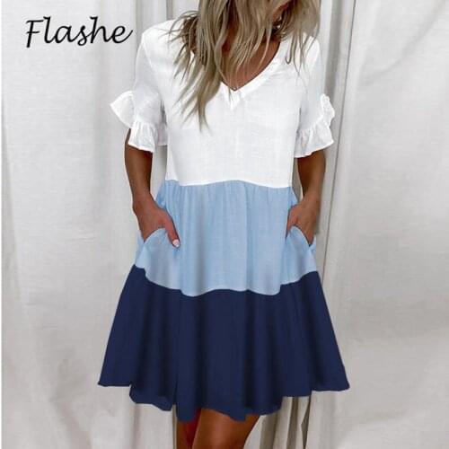 Elegant Women Dresses Summer Vacation 2021 New Patchwork Print Casual V-neck Dresses Women Loose Pocket Ruffle Ladies Dresses