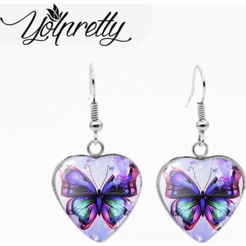 New Arrival Purple Butterflies and Flowers Oil Paintings Heart Stainless Steel Fish Hook Earrings for Girls