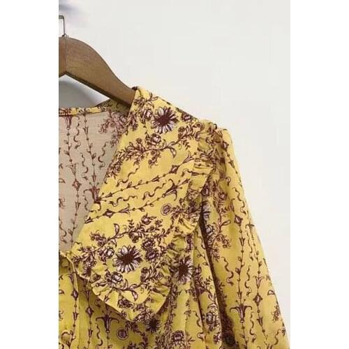 Women Shirt French Elegance Summer 2021 New Big Lapel Buttoned Thin Loose Puff Sleeve Printed Top