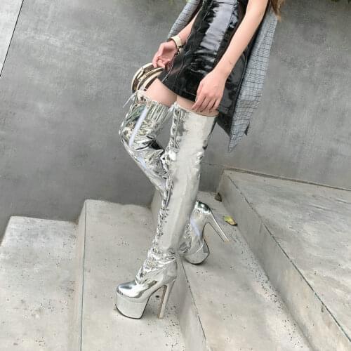 Silver Mirror Leather Autumn Winter Ladies Thigh Boots Cross Tied Zipper Boots Platform Super High Heel Large Size Womens Shoes