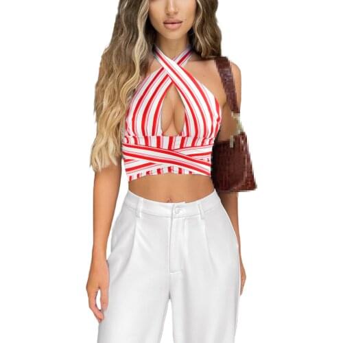 Women Summer Tank Tops, Stripes Low-Cut Sleeveless Cross Backless Tied Strap Crop Tops for Girls, 3 Colors
