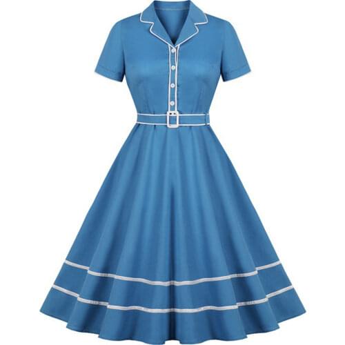 Plus Size 4xl Cotton Women Retro Dress Short Sleeves Button Belts Summer Vintage Dress 60s High Waist Dresses Office Vestidos