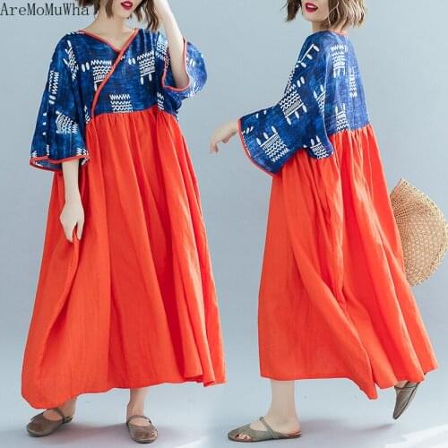 AreMoMuWha 2019 Spring and Summer New Retro Messenger Splicing Print Loose Large Size Robe Big Swing Color Dress Femal MH337
