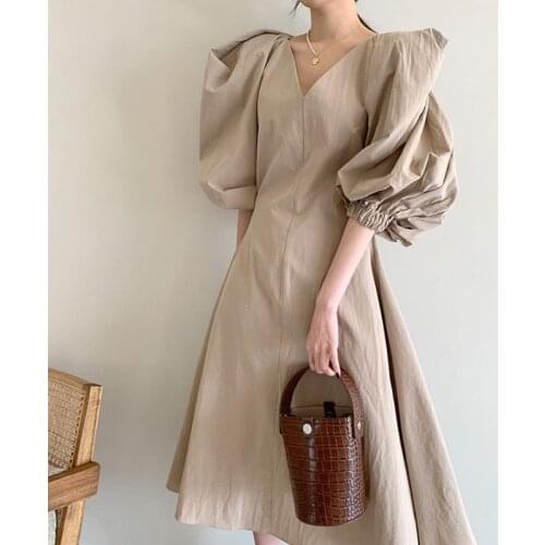 V Neck Puff Sleeve Dress Women Vintage High Waist Hip A Line Long Vestidos Spring Summer Clothing 2021 Solid Loose Pullover Robe