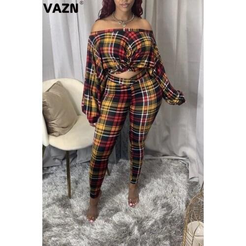 VAZN 2020 Autumn Plus Size Classic Plaid Sexy Sweet Young Daily Slash Neck Full Sleeve Top Long Pants Slim Women 2 Piece Set