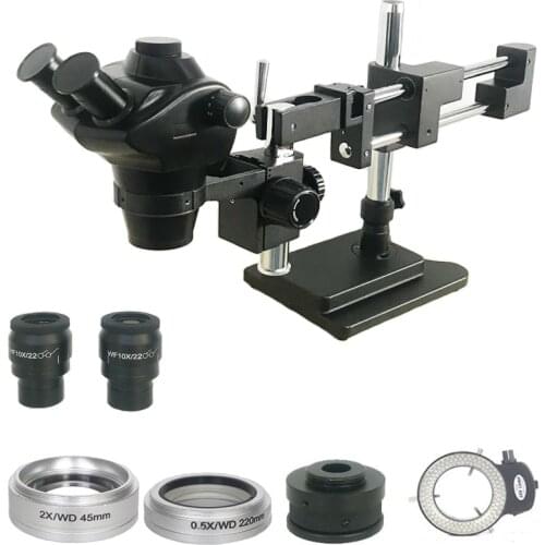 4X-100X double arm boom Simul-focal Trinocular Stereo Microscope 0.5X 2.0X Auxiliary objective lens for electronic phone repair