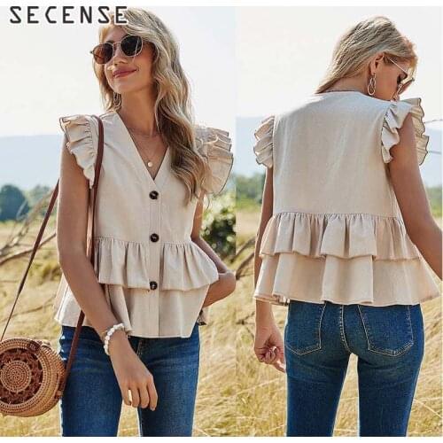 Women Ruffles Blouses Casual V Neck Single Breasted Female Top Summer Flying Sleeves Solid Color Shirt Ladies Summer Beach