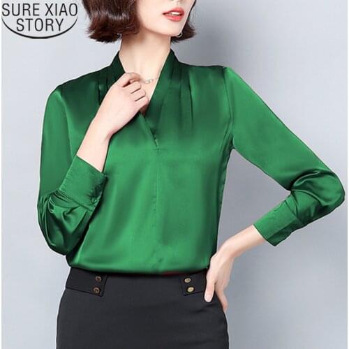 Plus Size Loose Professional Tops 3XL Elegant Fashion Silk Blouse Office Lady Solid 3 Colors V-neck Silk Satin Shirt Women 10855