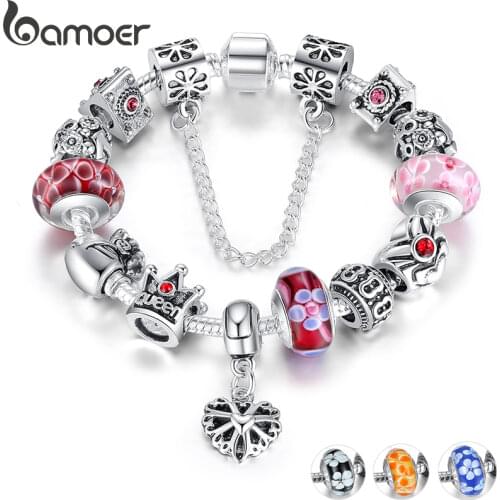 BAMOER Queen Jewelry Silver Plated Charms Bracelet & Bangles With Queen Crown Beads Bracelet for Women PA1823