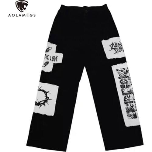 Aolamegs Mens Pants Hip Hop Print Patchwork Straight Jogging Trousers Couple Loose Retro Sweatpants Male High Street Streetwear