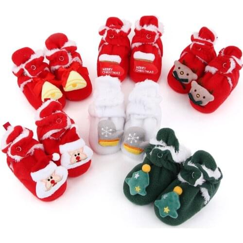 Baby Christmas Booties Winter Warm 3D Cartoon Fleece Socks Crib Shoes Non-Slip Toddle First Walking Shoes Santa Foot Socks