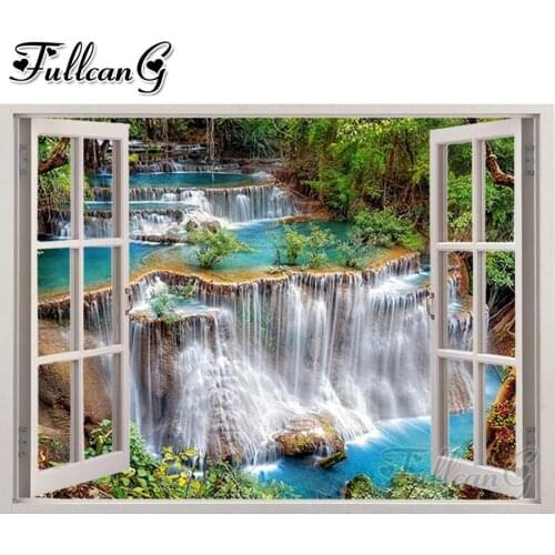 FULLCANG full square round drill 5d diy window scenery waterfall diamond embroidery diamond mazayka scenery home decor FC2046