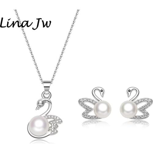 Swan 7-8MM Natural Freshwater Pearl Sets Jewelry for Women Necklace Pendant Earring Wedding/Party Jewelry Sets Charm Gift