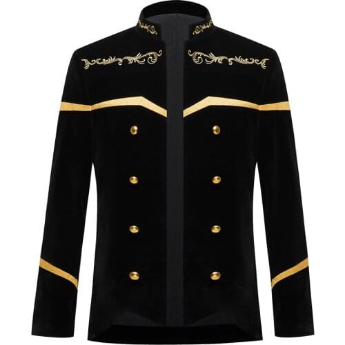 Fashion Hot Sale Men Black Navy Style Suit Jacket Singer Slim Suit Stage Costume Embroidery Velvet Exquisite Men Blazers