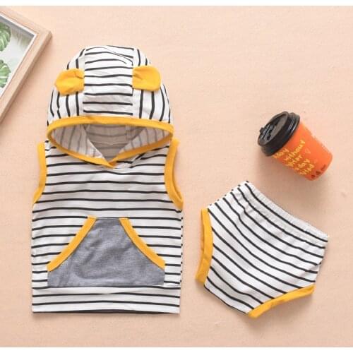 PatPat 2020 New 0-2 Years Baby Infant Summer Two-piece Set Striped Hooded Sleeveless Top + Briefs Suits