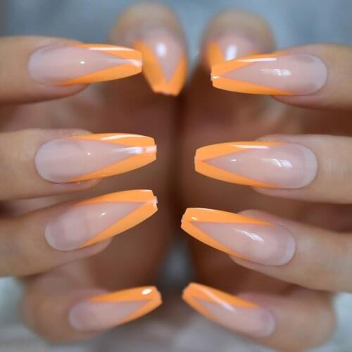 New Arrival False Nail Tips Long Coffin Shape Acrylic Design Nails French Orange Border for Party 24 pcs