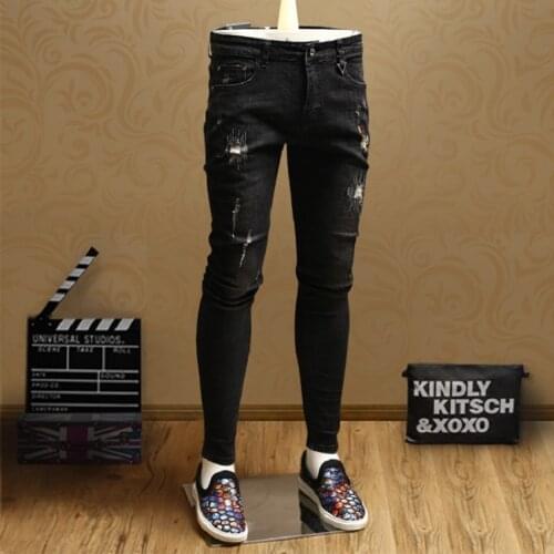 New Skinny Ripped Hole Black Jeans Men Casual Stretch Cotton Pencil Pants