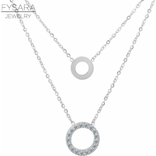 FYSARA Charm AAA Zircon Crystal Necklace & Pendants Hollow Round Circles Two Layers Necklace Women Titanium Steel Jewelry