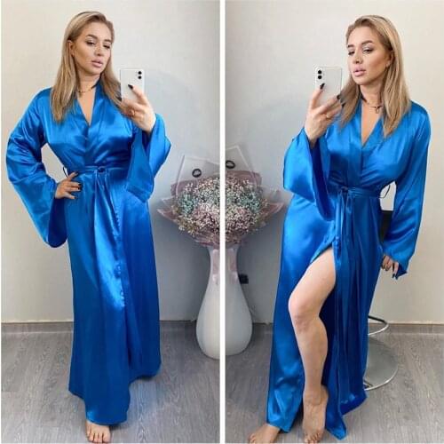 Hiloc Solid Color Sleepwear Robe Lace Up Peignoirs For Women Pajama Flare Sleeves Bathrobes Female Nightwear Elegant Loungewear