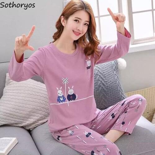 Pajama Sets Long Sleeve Women Autumn Sleepwear Printed Loose Korean Style Trendy Elegant Simple Womens Pyjamas Leisure Outerwear