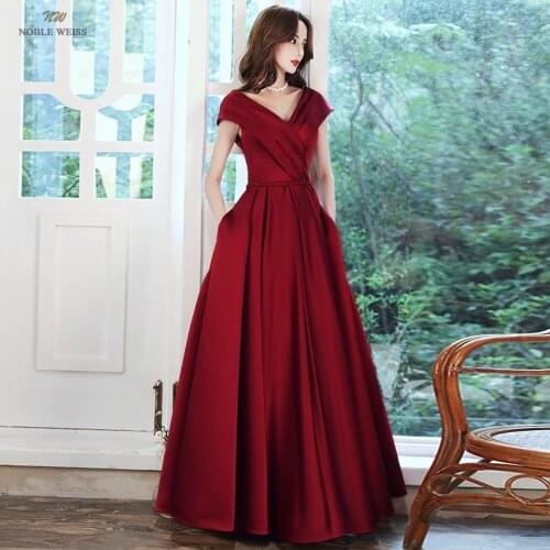 Evening Dresses Long V-Neck Prom Dresses Floor-Length A-Line Dresses Woman Party Night Pleat Satin Prom Dress