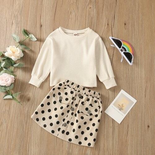 2 Pcs Infant Casual Outfits Girls Solid Color Long Sleeve Round Neck Pullover + Dot Print Skirt/Overalls with Pocket