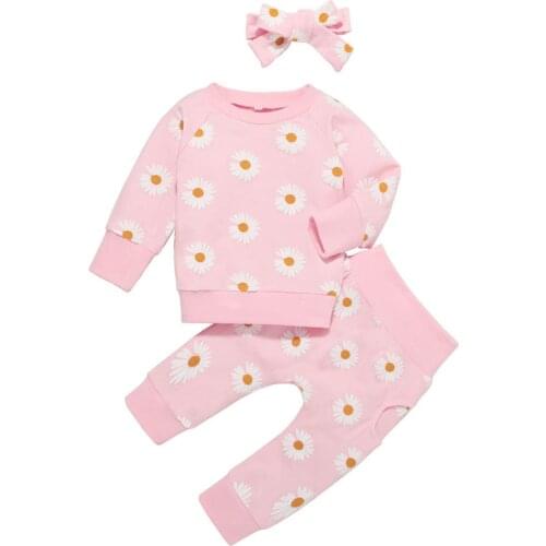 0-12M Daisy Infant Girls 3Pcs Set Soft T-Shirt Tops Pants Headband Spring Autumn Baby Girls Clothing Outfits