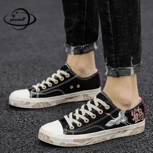 Size 35-44 Mens Vulcanize Shoes Spring Autumn Male Canvas Shoes Lace-up Flat Heel Crane Print Chinese Style Zapatos C39