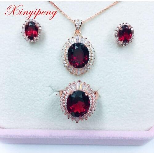 Xin Yipeng S925 sterling silver rose gold plated inlaid real natural garnet set ring earrings pendant necklace fine wedding gift