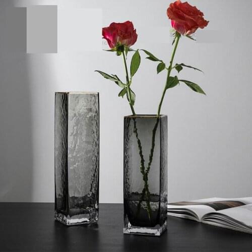 Modern Creative Vase Decoration Living Room Flower Arrangement Glass Transparent Hammered Square Light Luxury Flower Water Vase
