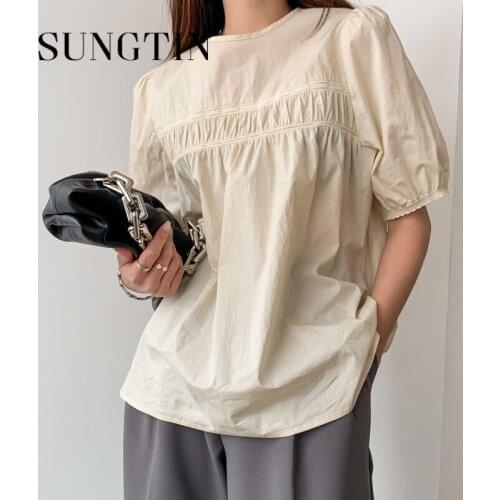 Sungtin Kawaii Puff Sleeve Hollow Out Flods T Shirts Loose Women Casual O Neck Half Sleeve Tees Solid Cute Summer T Shirts Sweet