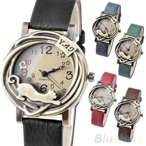 Vintage Womens Bronze Case Cat & Flower Quartz Analog Wrist Watch 93U5