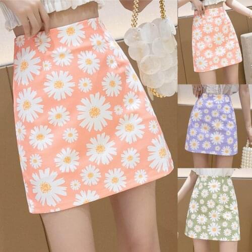 Kawaii Harajuku Skirt High Waist Short Mini Skirts Women Girls A-line Flower Print Falda Summer Clothes Slim School Uniform