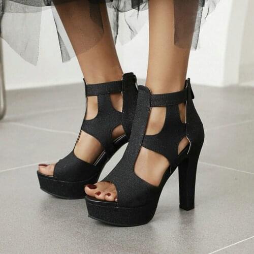 2021 New PU Leather Women Sandals Platform Square High Heel Ladies High Heel Shoes Summer Open Toe Party Womens Shoes Big Size