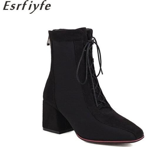 ESRFIYFE 2020 new Women Boots Fashion Lace Up Ankle Boots Women Shoes Chunky Heel Black Brown Autumn Boots Plus Size 34-50